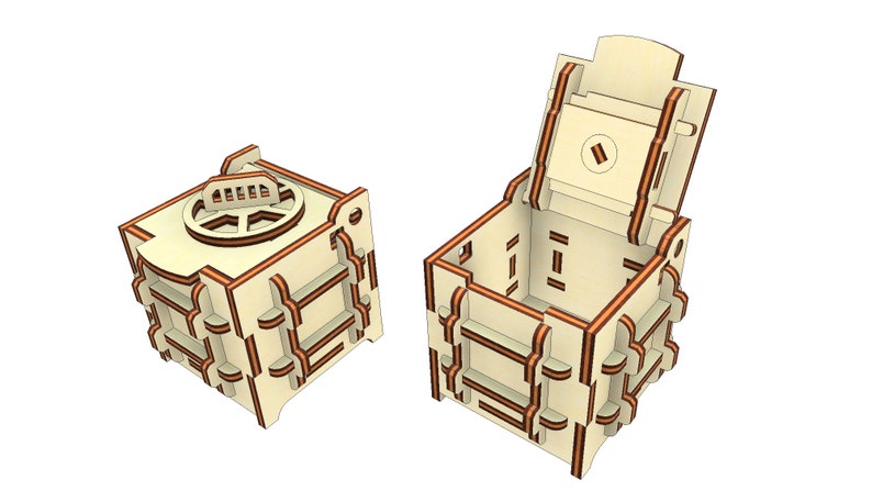 May include: Two wooden boxes with intricate designs. One box is closed and the other is open, revealing the interior. The boxes are made of light wood with brown accents.