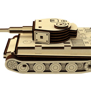 May include: A wooden model of a tank with a brown and black color scheme. The tank has a long barrel, a turret with a hatch, and tracks with wheels. The model is detailed with lines and markings.