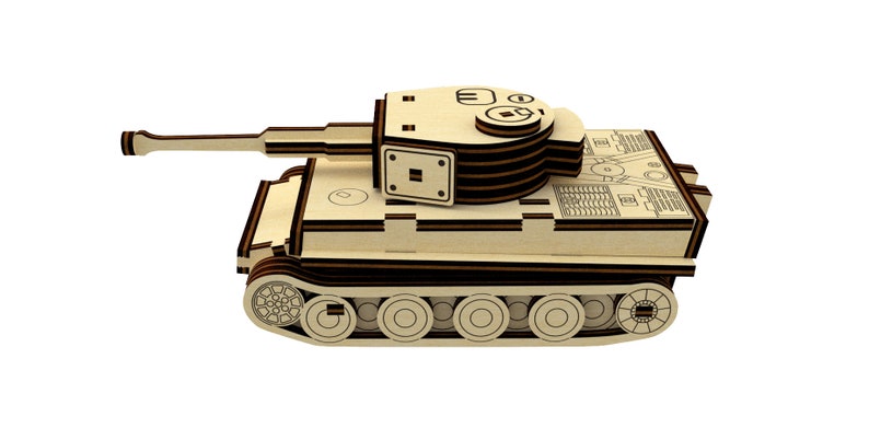 May include: A wooden model of a tank with a brown and black color scheme. The tank has a long barrel, a turret with a hatch, and tracks with wheels. The model is detailed with lines and markings.