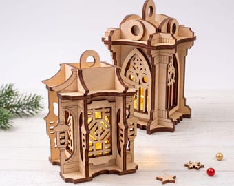 Lantern Ornament Bundle Laser Cut File, 2 Miniature Christmas Tree Decorations SVG
