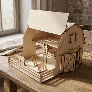Archivo de corte láser de casa de muñecas de granero de juguete, plantilla CNC SVG de establo de granja con animales