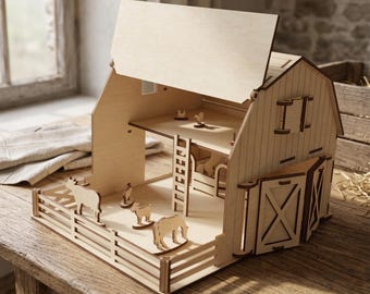 Toy Farm Barn Dollhouse Laser Cut File, SVG Farmhouse Stable with Animals CNC Template
