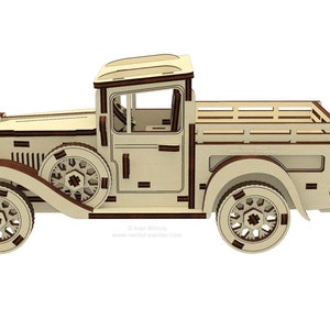 May include: A wooden model kit of a vintage pickup truck. The truck is beige with brown accents and has a wooden bed. The model is unassembled and ready to be built.