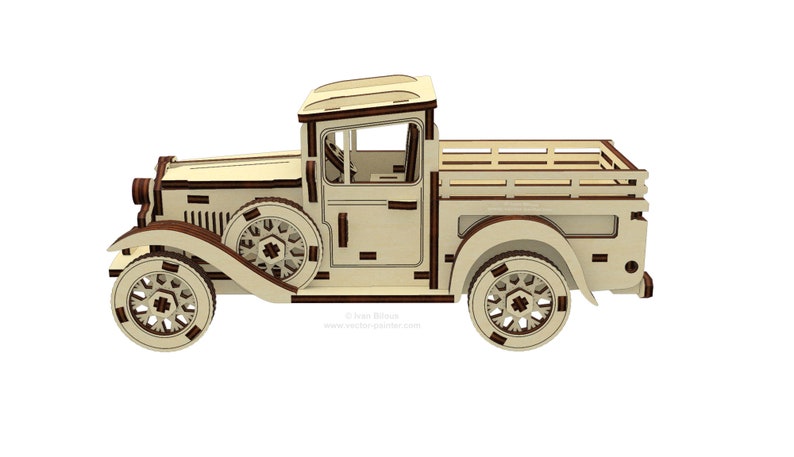 May include: A wooden model kit of a vintage pickup truck. The truck is beige with brown accents and has a wooden bed. The model is unassembled and ready to be built.