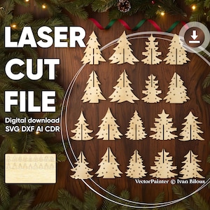 クリスマスツリーバンドル - シンプルな 3D レーザーカットファイル、9 個のデコレーションセット (デジタルダウンロード)