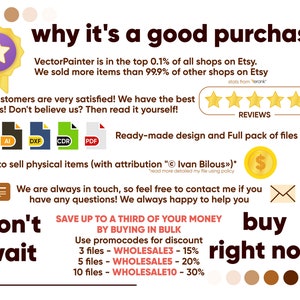 May include: A graphic with a yellow star badge and text that reads "why it's a good purchase". The graphic lists reasons why buying from VectorPainter is a good purchase, including being in the top 0.1% of shops on Etsy, having the best reviews, offering ready-made designs, and providing a full pack of files. The graphic also includes a message about saving up to a third of your money by buying in bulk and using promo codes. The graphic also includes a message to buy right now.