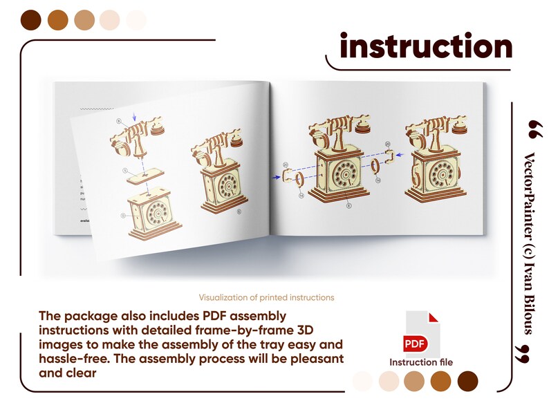 Visualization of step-by-step instructions for assembling the Laser Cut vintage phone. The package includes PDF assembly instructions with detailed frame-by-frame 3D images to make the assembly of the tray easy and hassle-free.