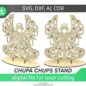 Könnte beinhalten: Ein Laser-Schnittmuster für einen Holzständer zum Halten von Chupa Chups Lutschern. Der Ständer ist in Form eines Engels mit filigranen Details und nummerierten Teilen zum Zusammenbauen. Das Design ist in den Formaten SVG, DXF, AI und CDR verfügbar.