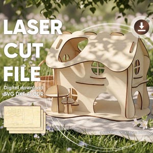 The image is an advertisement for a laser cut file, featuring a wooden house model and a basket of flowers. The text on the image includes "LASER CUT FILES" and "Digital download".