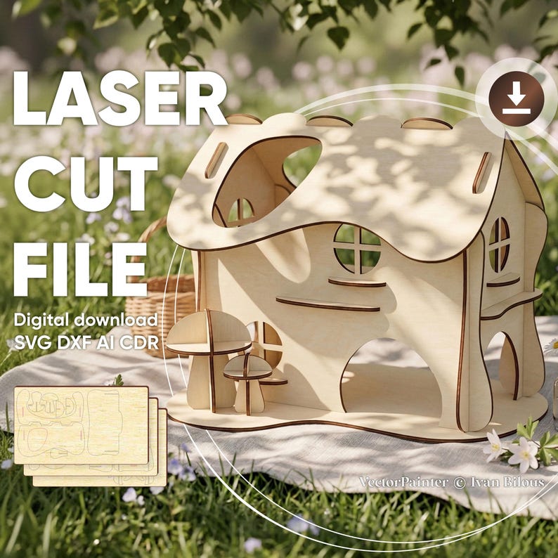 The image is an advertisement for a laser cut file, featuring a wooden house model and a basket of flowers. The text on the image includes "LASER CUT FILES" and "Digital download".