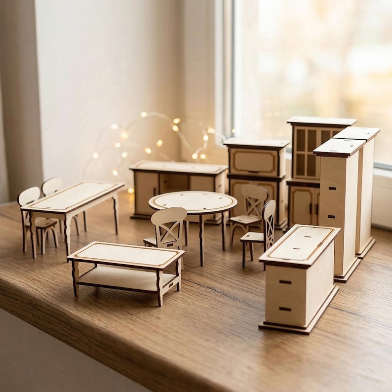 Dollhouse Furniture Laser Cut Bundle, SVG Miniature Table Chair Desk Cupboard Set (Digital Download) image 3