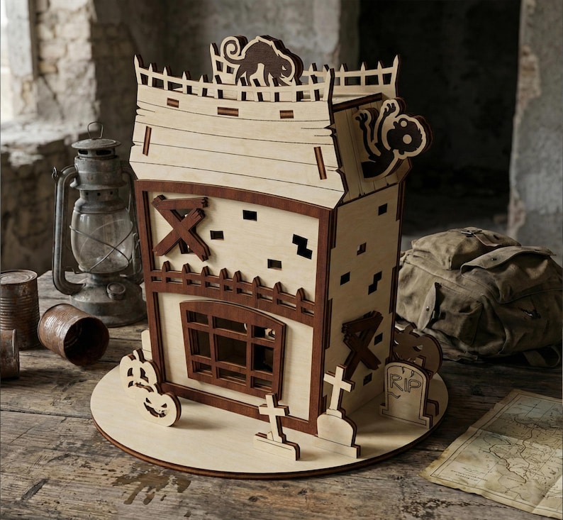 Three-quarter view of a zombie-themed house made from laser cut plywood.