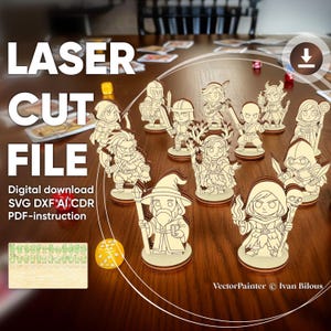 Laser cut fantasy RPG tabletop miniatures bundle displayed on game table, wooden character figures set shown as digital download file