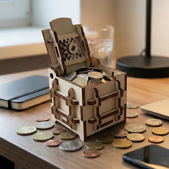 Mechanical Safe Box Laser Cut File, SVG Wooden 3d Puzzle Coin Bank CNC Template