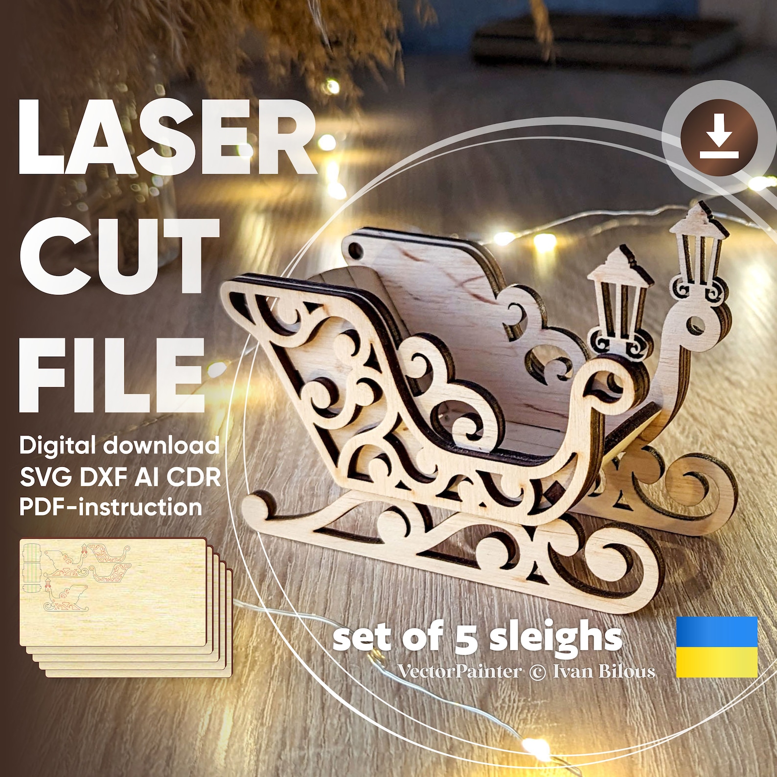 Santa Sleigh Ornaments - Laser Cut File, SVG Christmas Plan - Set of 5 ...