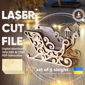 Enfeites de trenó de Papai Noel - Arquivo de corte a laser, plano de Natal SVG - Conjunto de 5