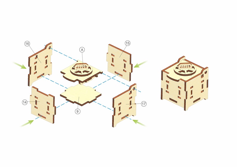 May include: Diagram showing how to assemble a wooden box with a circular top. The box is made of six pieces of wood, each with a unique shape and number. The pieces are labeled with numbers 9, 14, 15, 16, and 17. The top of the box is labeled with the letter A.