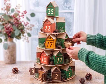 Christmas Tree Advent Calendar Laser Cut File, Mini House Gift Boxes SVG