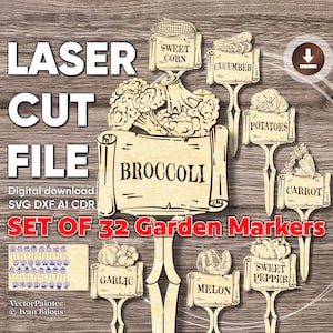 Marcadores de jardín cortados con láser – Juego de estacas para plantas SVG DXF – Etiquetas de madera para hierbas y verduras para la decoración del jardín