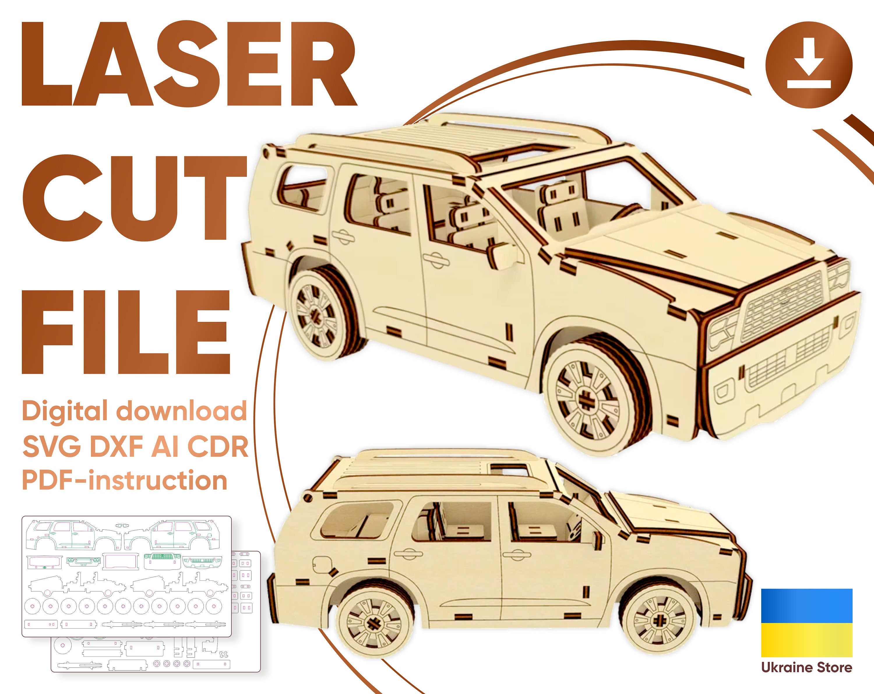 Puzzle 3D de voiture Fichier découpé au laser, fichiers vectoriels