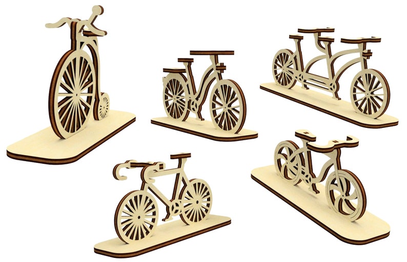 May include: Five wooden bicycle models on separate bases. The bicycles are in various styles, including a penny-farthing, a tandem, and a modern road bike.