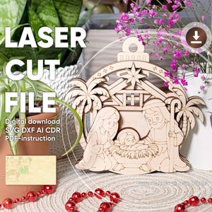 Christmas Ornament - Laser Cut File, Nativity Scene SVG plan of Holy Family in the Barn