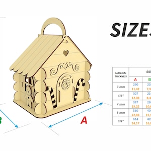The image is a detailed illustration of a wooden cabin with measurements and a table of material thicknesses.