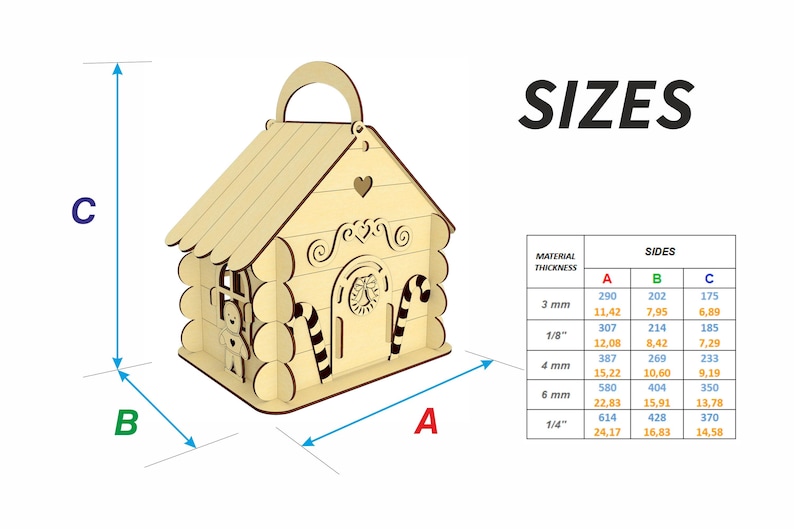 The image is a detailed illustration of a wooden cabin with measurements and a table of material thicknesses.
