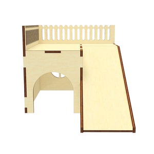 May include: A wooden playhouse for small animals with a slide and a fenced-in area on top. The playhouse is made of light wood with brown trim.