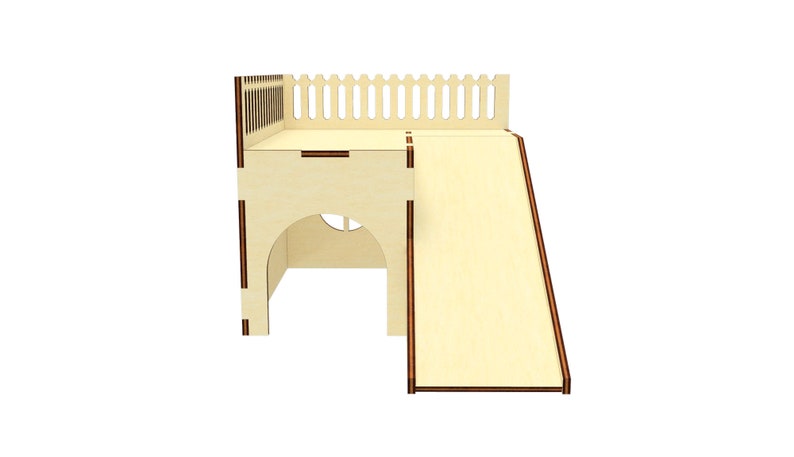 May include: A wooden playhouse for small animals with a slide and a fenced-in area on top. The playhouse is made of light wood with brown trim.