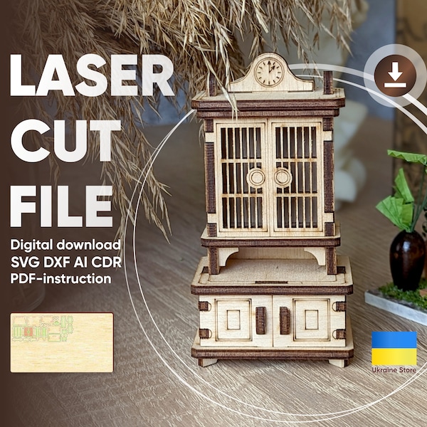 Puppenmöbel - SVG Laser Cut Datei, Vektorplan des Schrankes mit Löchern zur Befestigung