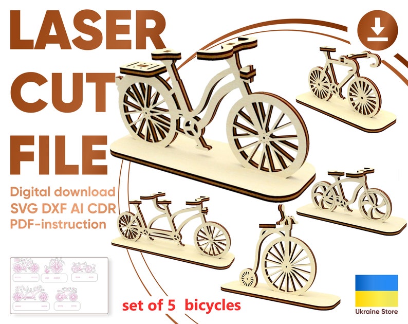 May include: Set of five laser cut bicycle designs, including a tandem bike, a tricycle, and three traditional bicycles. The designs are ready to be assembled and are perfect for crafting projects.