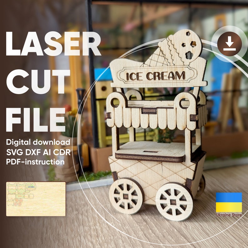 Ice Cream Cart Ornament SVG Laser Cut File, Wagon Miniature Vector Plan image 1