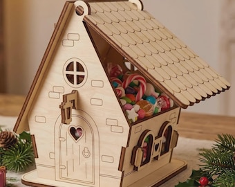 Arquivo SVG para corte a laser de caixa de doces em formato de casinha de madeira para presente de Natal.