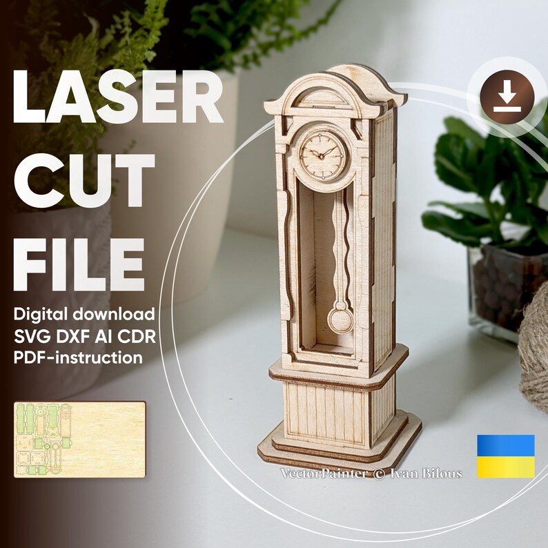 May include: A laser cut file for a wooden grandfather clock. The file includes SVG, DXF, AI, and CDR formats, as well as PDF instructions. The clock is a detailed design with a pendulum and a face with Roman numerals.