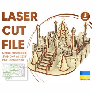 Weihnachtsquadrat - Laser Cut Projekt, festliche Miniatur mit Weihnachtselfen und Rentier