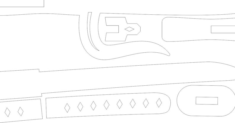 Op de afbeelding: Een zwart-witte lijntekeningpatroon voor een lederen handwerkproject. Het patroon bevat een riem, een gesp en een band.