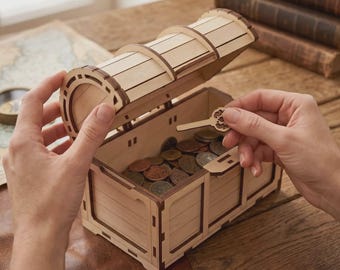 Treasure Chest Piggy Bank Laser Cut File, Wooden Money Box