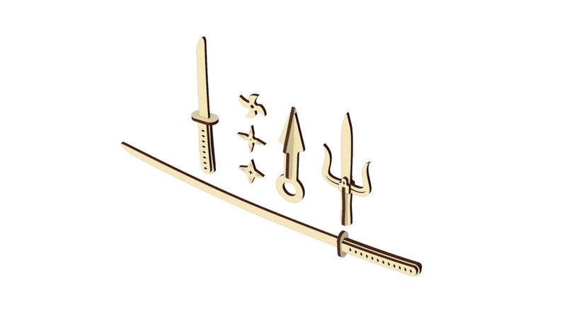 Op de afbeelding: Een set houten ninja-wapens, waaronder een katana, een dolk, drie worpsterren, een sai en een drietand.