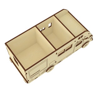 May include: A wooden camper van organizer with three compartments. The organizer is made of light brown wood with dark brown trim.