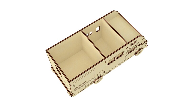 May include: A wooden camper van organizer with three compartments. The organizer is made of light brown wood with dark brown trim.