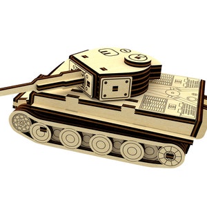 May include: A wooden model of a tank with a brown and black paint scheme. The tank has a large cannon and tracks. The model is made of plywood and has a detailed design.