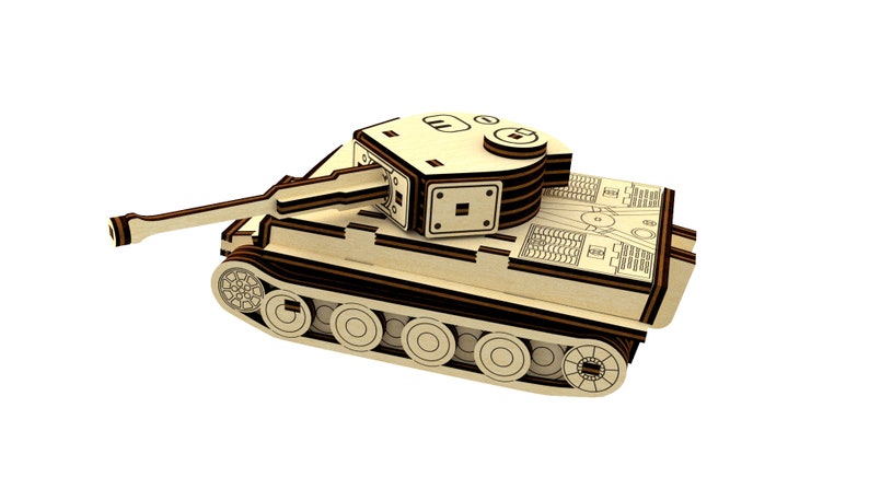 May include: A wooden model of a tank with a brown and black paint scheme. The tank has a large cannon and tracks. The model is made of plywood and has a detailed design.