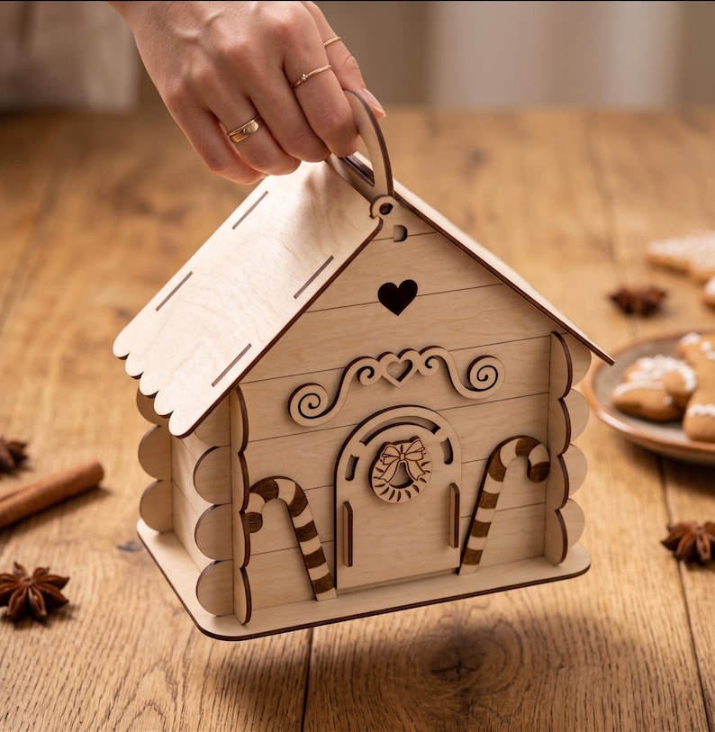 A hand is holding a wooden house-shaped object, which appears to be a gingerbread house or a similar festive decoration, on a wooden surface.