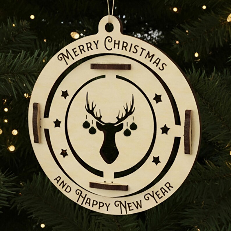 Close-up of laser cut reindeer ornament with Merry Christmas and Happy New Year text – plywood holiday decoration for cutting machines