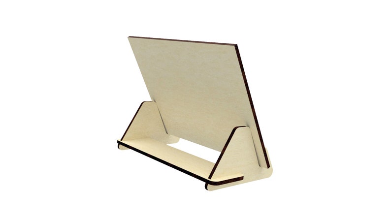 May include: A wooden easel stand with a light brown finish. The easel is designed to hold a picture or a small sign.