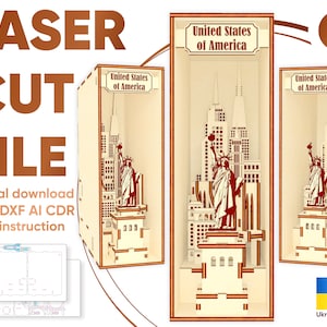 USA Book Nook - Arquivo SVG cortado a laser, planta de inserção de prateleira com panorama da cidade de Nova York e da Estátua da Liberdade