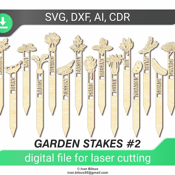 Piquets de jardin - fichier découpé au laser, SVG DXF AI, marqueurs végétaux motif Glowforge, fichier numérique