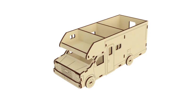 May include: A wooden model of a camper van with a pop-up roof. The model is made of light brown wood and has a detailed interior.