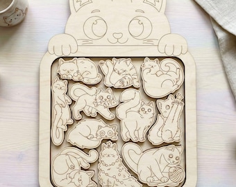 Cat Puzzle Board Laser Cut File, Kitten Jigsaw SVG